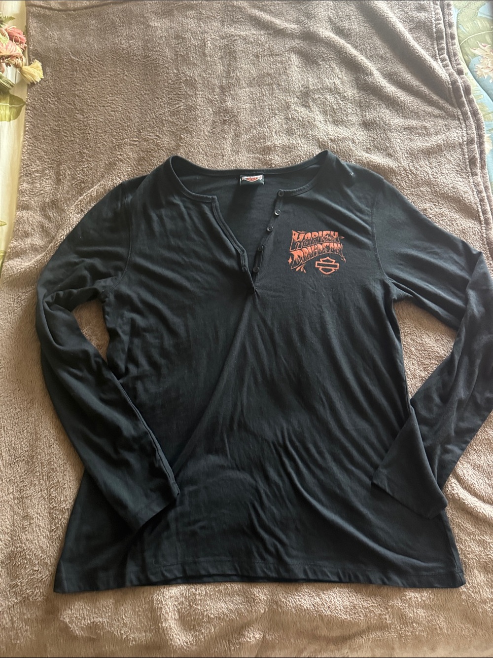 Harley-Davidson Woman's Black Long-Sleeve Henley with Orange Chest Logo